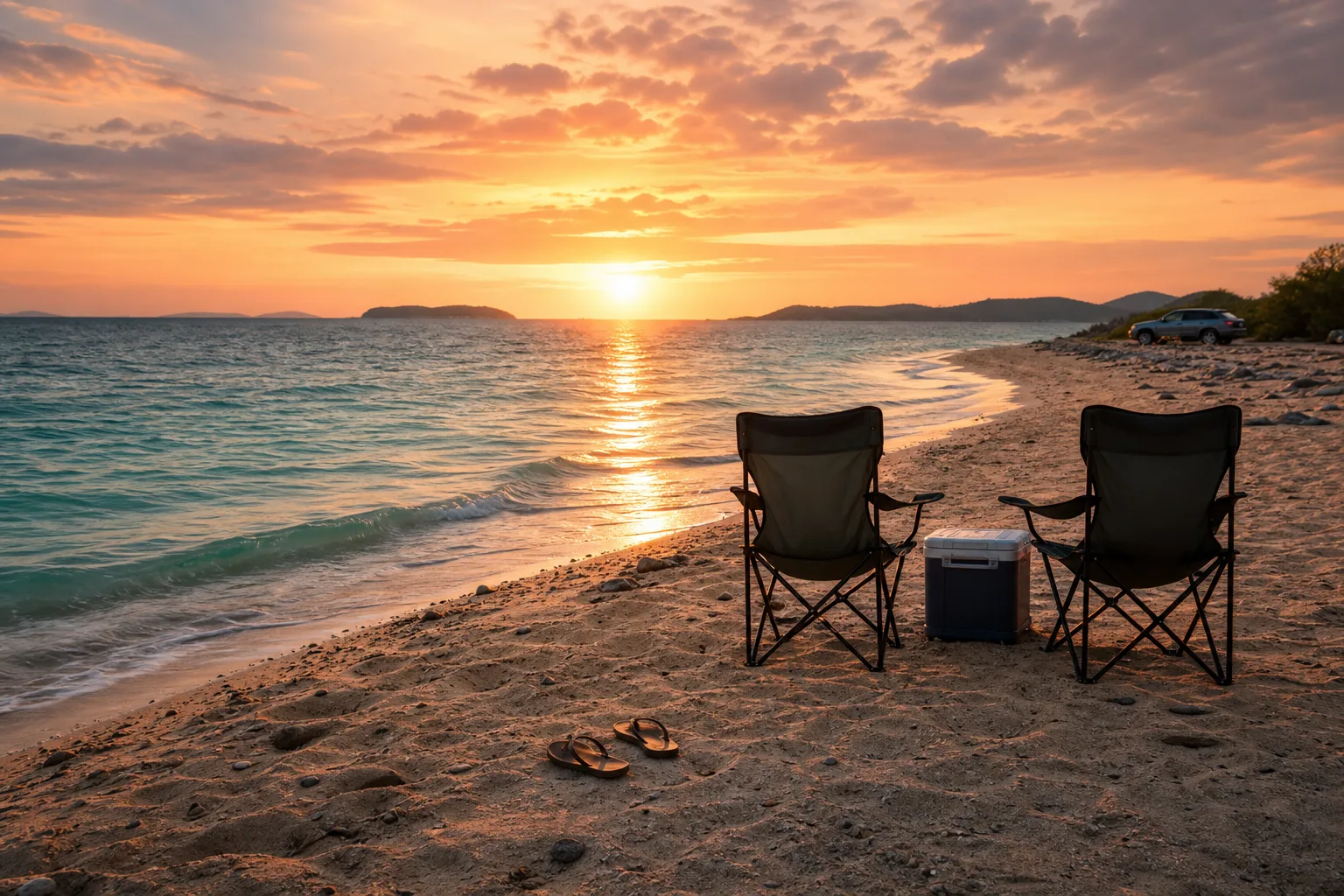 Two folding chairs, sandals, and a cooler on a quiet beach at sunset after a road trip stop