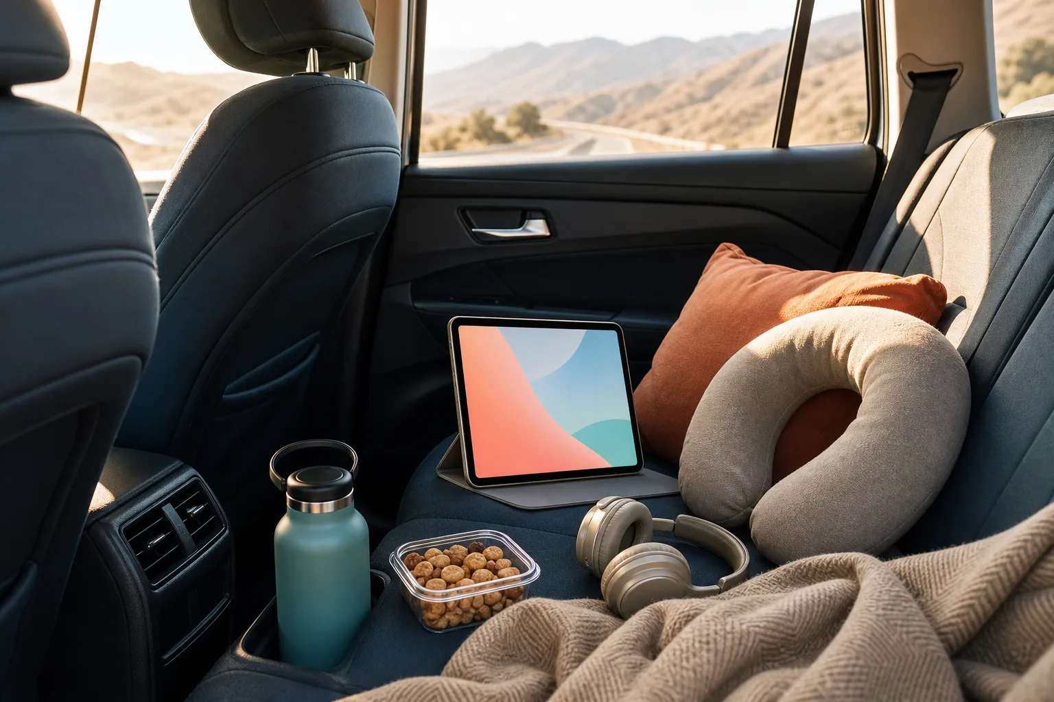 A tidy back seat with travel pillows, tablet, headphones, water bottle, snacks, and road scenery outside