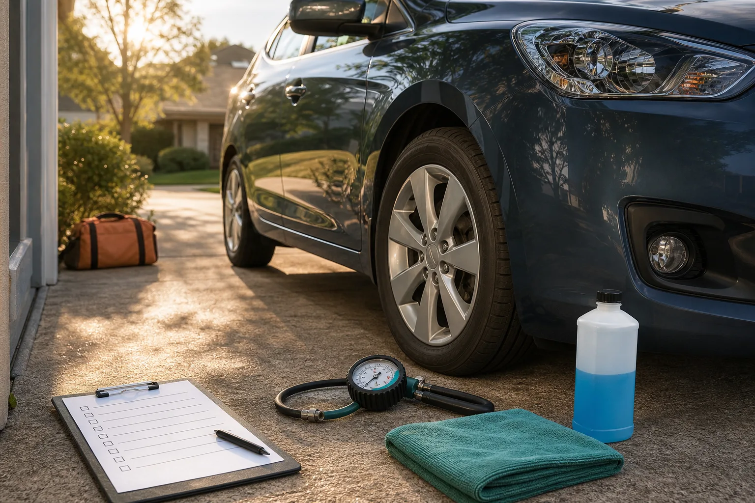A driveway car preparation scene with tire gauge, washer fluid, microfiber cloth, and blank checklist