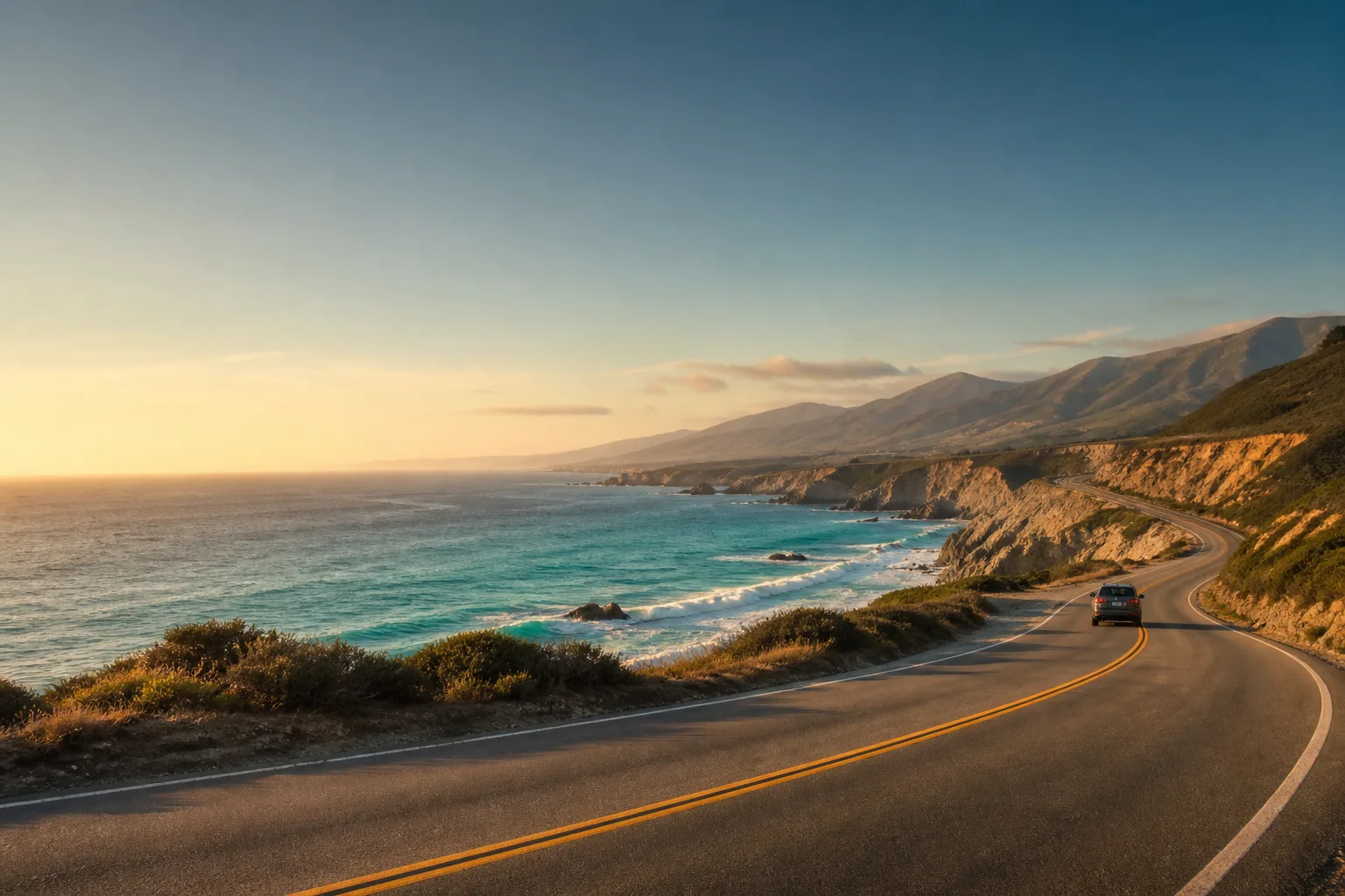 A car follows a coastal highway beside turquoise water at golden hour