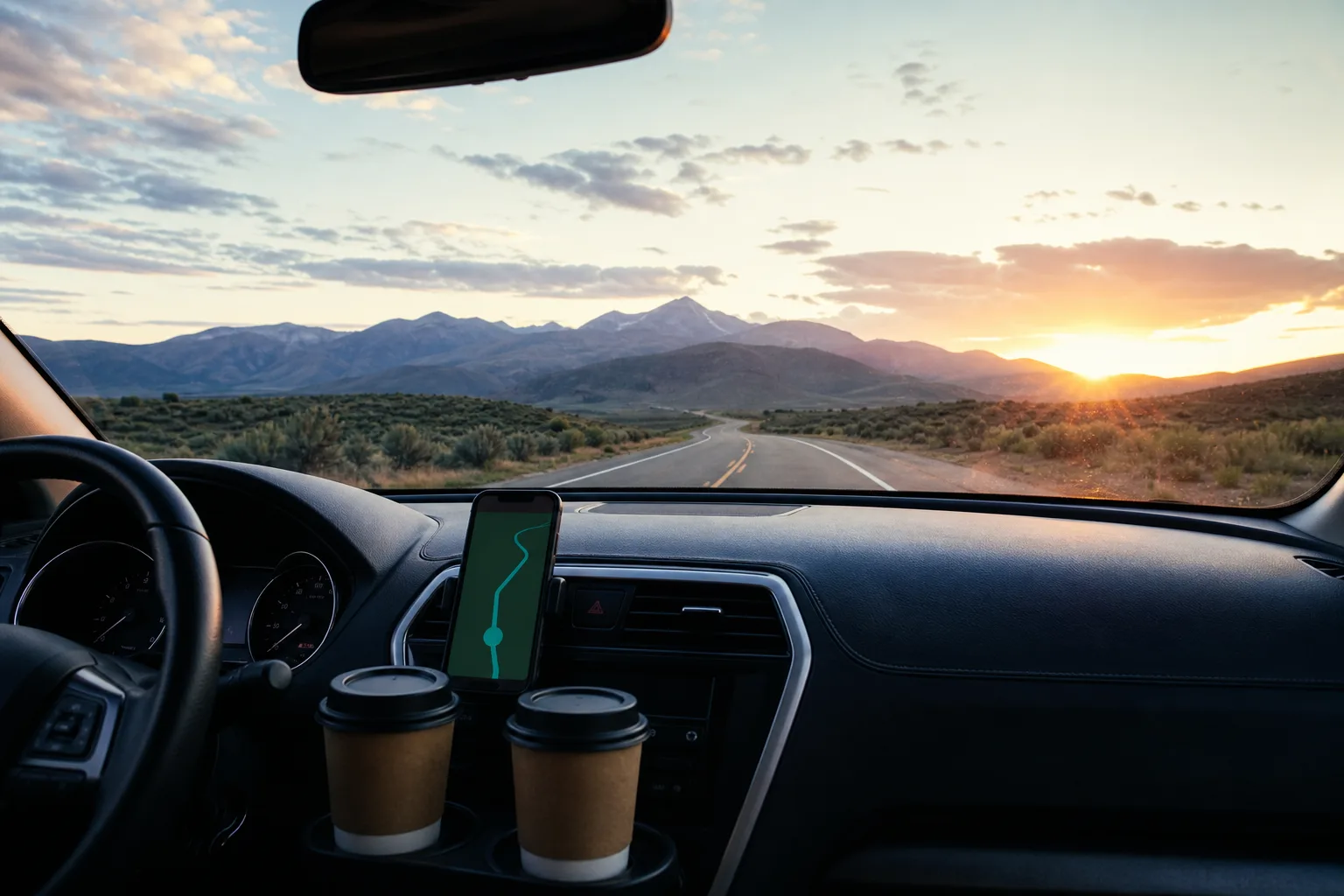 A sunrise dashboard view with coffee cups, a phone map, and an open road ahead