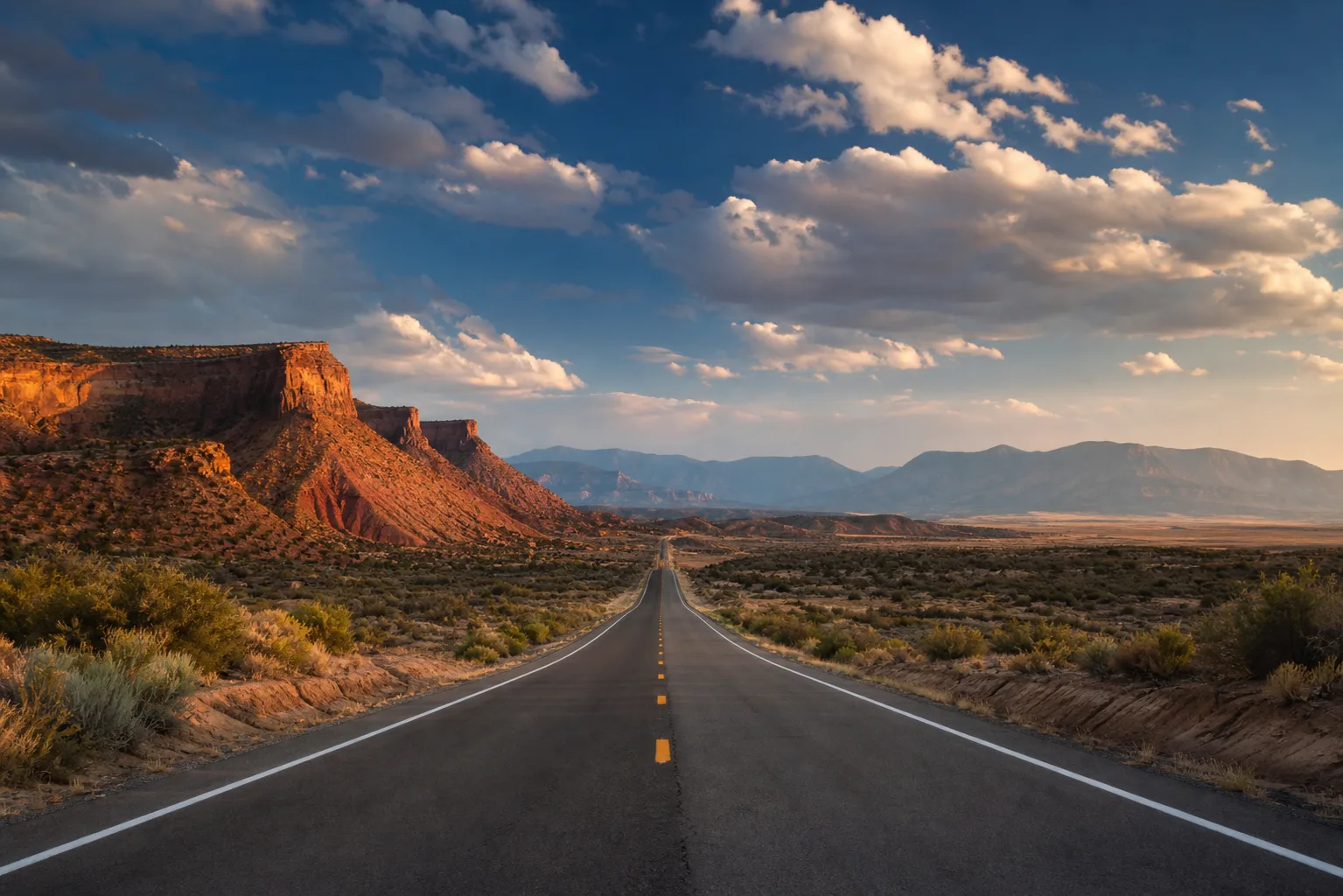 A desert highway leads toward warm red rock mesas and distant mountains at golden hour
