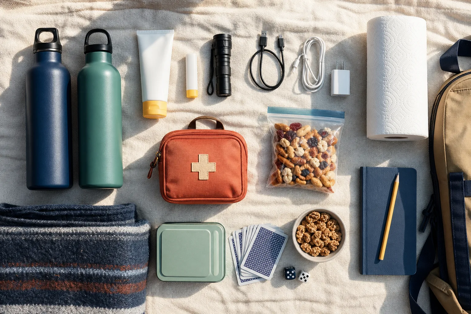 Road trip essentials arranged on a cream blanket including water bottles, snacks, sunscreen, cables, flashlight, and first aid pouch