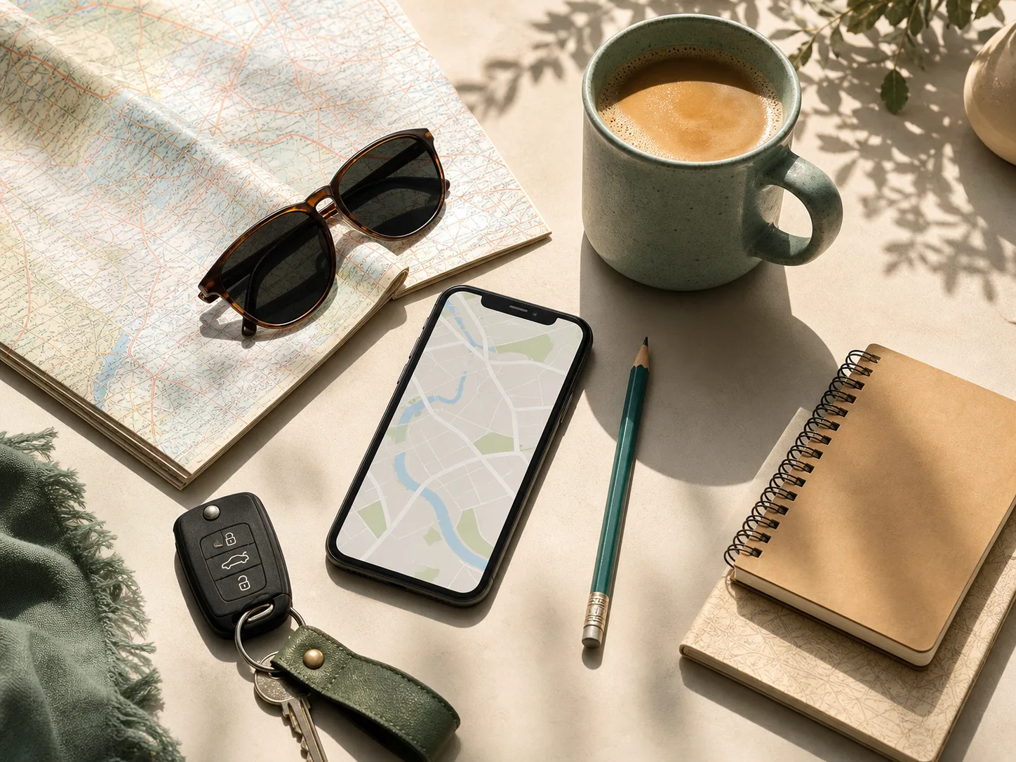 A folded map, sunglasses, car key, notebook, coffee, and phone arranged on a cream table