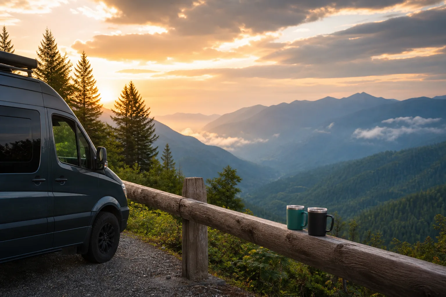 A campervan at a mountain overlook with travel mugs on a wooden rail