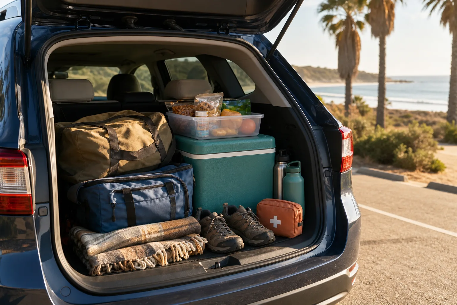 An open SUV trunk packed with luggage, cooler, snacks, water bottles, shoes, blanket, and first aid kit