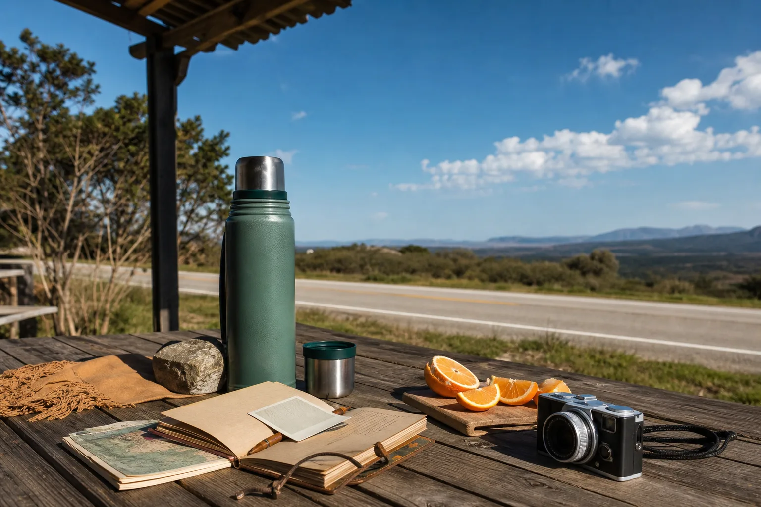 A roadside picnic table with thermos, travel journal, postcard, orange slices, and a sunny road behind it
