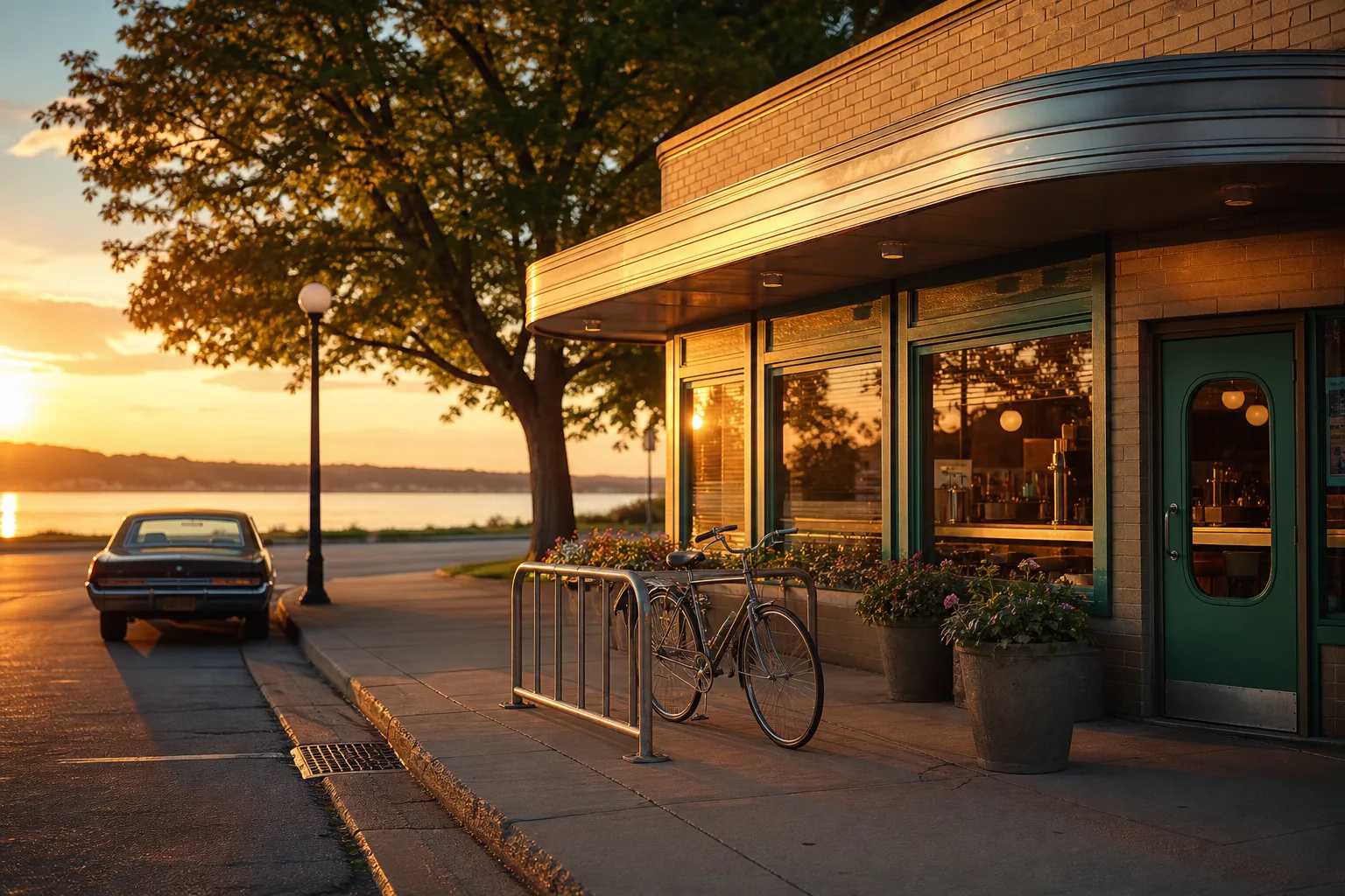 A small-town roadside diner exterior at golden hour near a parked car and bicycle rack